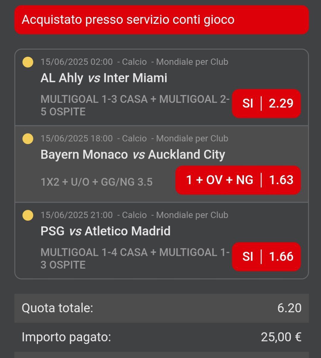 Schedina Mondiale per Club 15 Giugno 2025