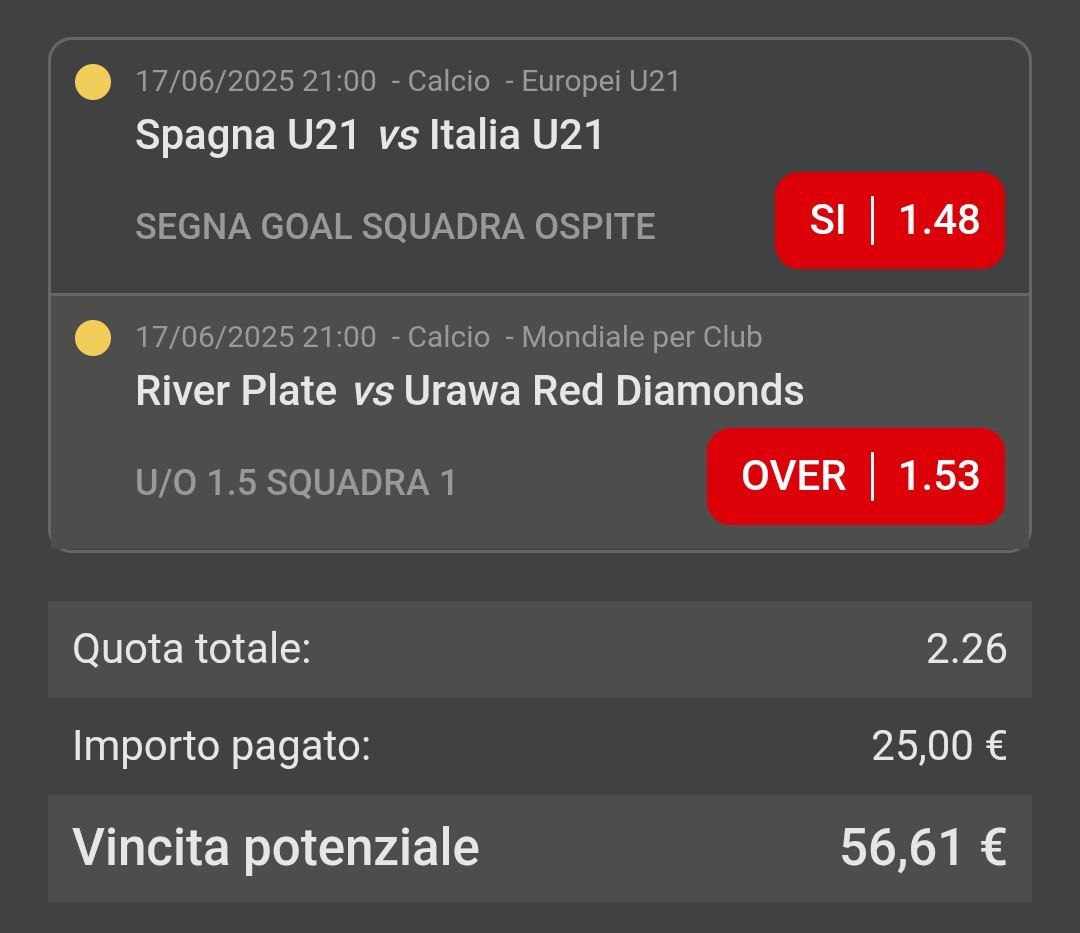 Schedina raddoppio 17 giugno 2025
