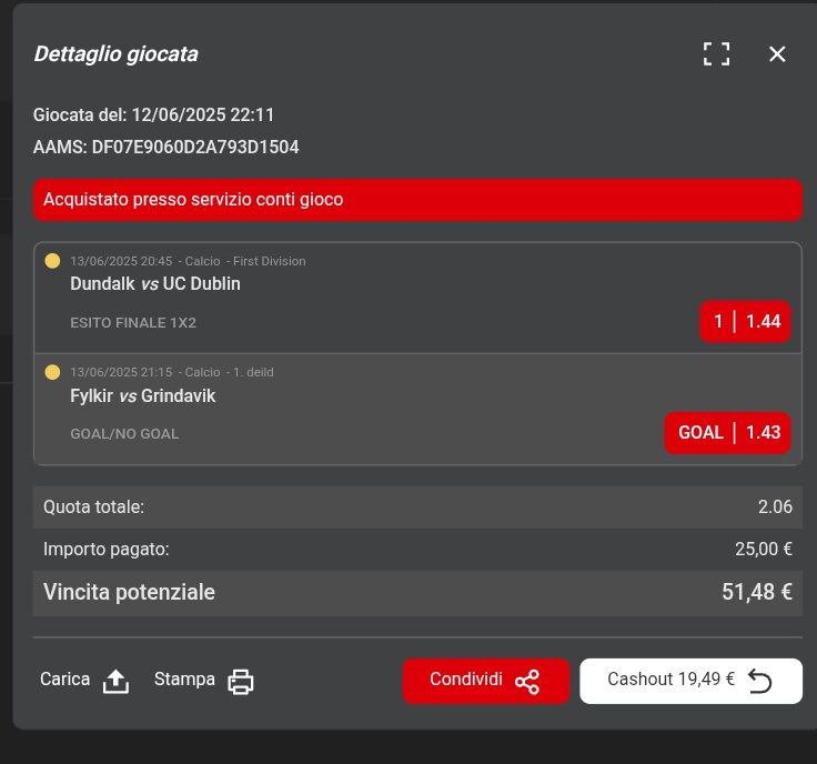 Schedina Raddoppio Quota 2.06